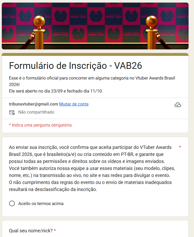 Formulário para inscrição do VTuber Awards Brasil